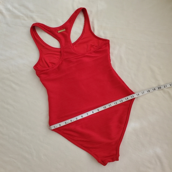 Heidi Klein red one piece swim suit size Medium gold zipper ribbed fabric lined - Picture 9 of 16